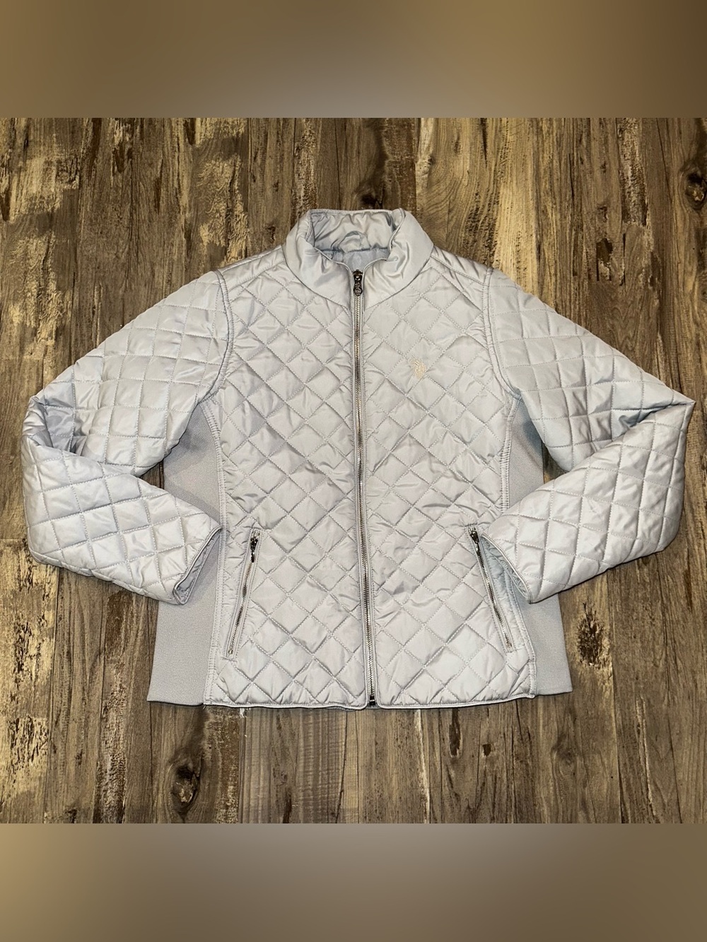 U.S. Polo Association 'Pearl Blue Grey' 'Quilted Side Knit Moto Zip Jacket'-M